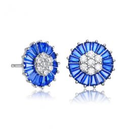 Sterling Silver Blue Baguette and Round Cubic Zirconia Stud Earrings