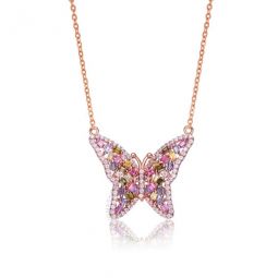 Long Lasting Sterling Silver with Rose Plated Multi Color Cubic Zirconia Butterfly Necklace