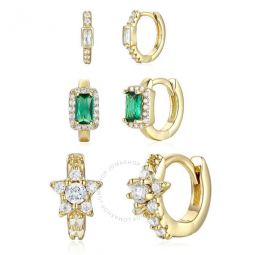 Sterling Silver 14k Gold Plated with Emerald & Cubic Zirconia Halo Star 3-Piece Hoop Earrings Set