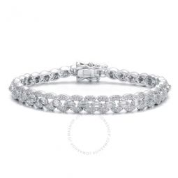 White Gold-Plated with Diamond Cubic Zirconia Round Flat Link Tennis Bracelet in Sterling Silver