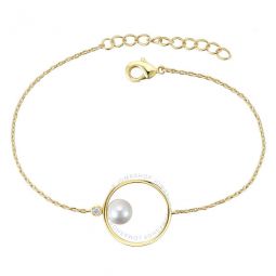 14k Gold Plated with White Freshwater Pearl Solitaire Asymmetrical Wire Halo Delicate Bracelet