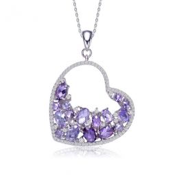 Sterling Silver with Rhodium Plated Purple Oval with Clear Round Cubic Zirconia Open Heart Necklace