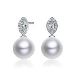 Sterling Silver Round Pearl and Marquise Cubic Zirconia Drop Earrings