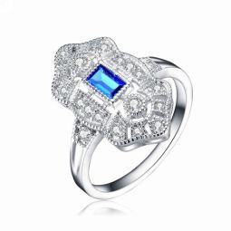 Classic Sterling Silver Baguette Blue Cubic Zirconia Cocktail Ring