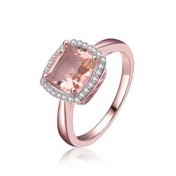 Elegant Rose Over Sterling Silver Cushion Morganite Peach Cubic Zirconia Halo Ring