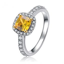 Elegant Sterling Silver Cushion Yellow Cubic Zirconia Side Stone Ring