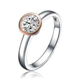 Elegant Sterling Silver Two-Tone Round Clear Cubic Zirconia Solitaire Ring