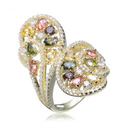 Sterling Silver with Gold Plated Multi Colored Cubic Zirconia Swirl Bypass Ring