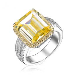 Sterling Silver Yellow Asscher with Round Cubic Zirconia Pave Ring