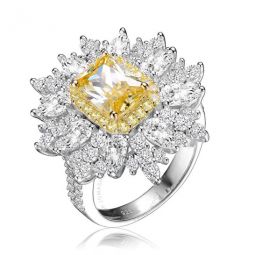 Sterling Silver Yellow Radiant with Cubic Zirconia Halo Ring