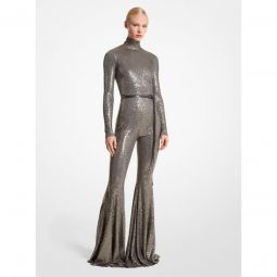 Hand-Embroidered Sequin Stretch Jersey Flared Jumpsuit