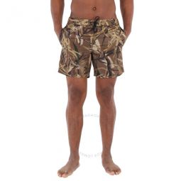 Mens Brown Leaf Print Swim Shorts, Size Small