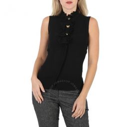 Ladies Black Ruffle-Trim Silk Sleeveless Shirt, Brand Size 38 (US Size 4)