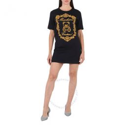 Ladies Fantasy Print Black Teddy Embroidered T-Shirt Dress, Brand Size 40 (US Size 6)