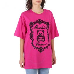 Ladies Fantasy Print Violet Embroidered Teddy Logo T-Shirt, Size X-Small