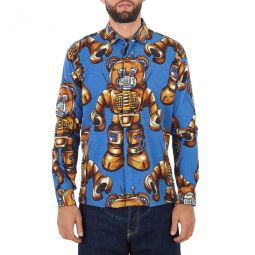 Mens Fantasy Print Blue Teddy Robot Woven Shirt, Brand Size 40 (Neck Size 15.75)