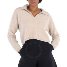 Oatmeal Cropped V Neck Polo Sweater, Size Small