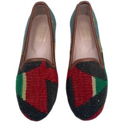 Womens Turkish Kilim Loafers Red & Black with Green