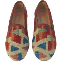 Womens Turkish Kilim Loafer Red & Blue with Cream Pattern