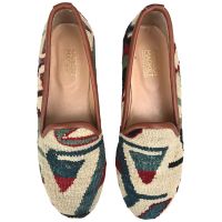 Womens Turkish Kilim Loafers | Cream with Green Pattern