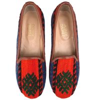Womens Turkish Kilim Loafers | Bright Red with Patterns