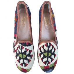 Womens Turkish Kilim Loafers | Cream with Red & Black Pattern