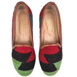 Womens Turkish Kilim Loafer | Green, Black & Red Zig Zag