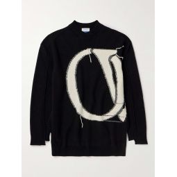 Oversized Distressed Logo-Intarsia Wool Sweater