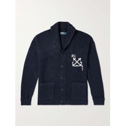Shawl-Collar Appliqued Cotton and Linen-Blend Cardigan