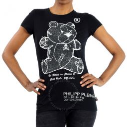 Ladies Black Teddy Bear Round Neck T-shirt, Size Medium