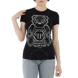Ladies Black Sketched Teddy Bear Cotton Jersey T-shirt, Size Medium