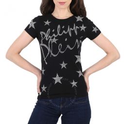 Black/Multi Crystal Stars Print Cotton T-shirt, Size Small