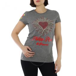 Ladies Cotton Jersey Crystal Heart T-shirt, Size Small