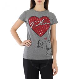 Grey/Multi Crystal Heart Printed Cotton Jersey T-shirt, Size X-Small