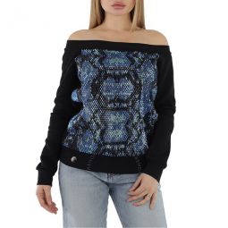 Ladies Black/Multi Crystal Cotton Jersey Sweatshirt, Size Small