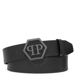 Black Leather PP Hexagon Buckle Belt, Size 95