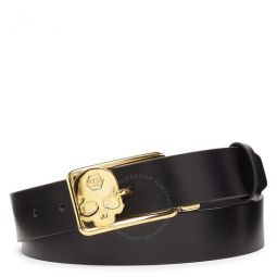 Black Leather Skull Buckle Adjustable Belt, Size 110