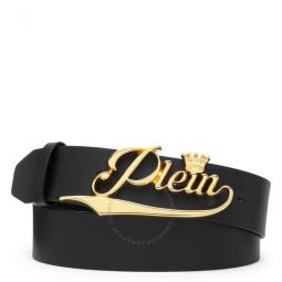 Black King Plein Logo Buckle Leather Belt, Size 105