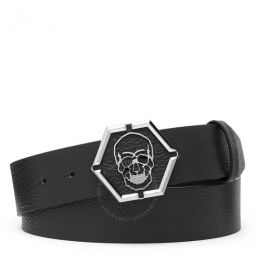 Hexagon Skull Buckle Leather Belt, Size 115