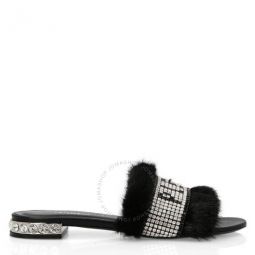 Black Luxury Mink Fur Slider Sandals, Brand Size 35 ( US Size 5 )