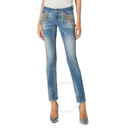 Slim Fit Rhinestone Fringe Denim Jeans, Waist Size 27
