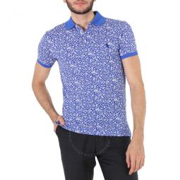 Mens Blue Floral Cotton Polo Shirt, Size X-Small