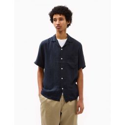 Linen Camp Collar Short Sleeve Shirt - Navy Blue