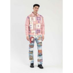 EMBROIDERY PATCHWORK FAUX LEATHER JACKET - PINK