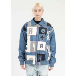 EMBROIDERY PATCHWORK FAUX LEATHER JACKET - blue