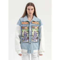 Richgainer Embroidery Patchwork Bomber Jacket - Light Blue/Multi