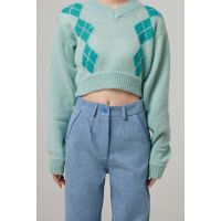 OVERSIZED V NECK CROPPED MOHAIR SWEATER WITH DIAMOND PATTERN - LIGHT GREEN