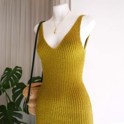 Teak Ribbed Cotton Dress - Chartreuse