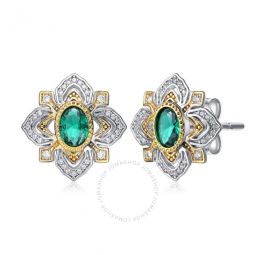 Rhodium And 14k Gold Plated Emerald Cubic Zirconia Stud Earrings