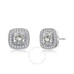 White Gold Plated with Cubic Zirconia Cushion Halo Cluster Milgrain Stud Earrings